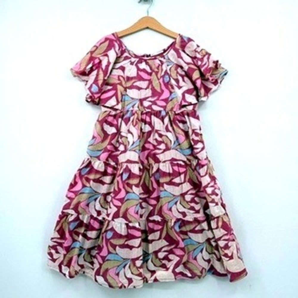 MNG Tiered Midi Dress Kids Sz 9 134 Cm Purple Metallic Flutter Boho Cottagecore